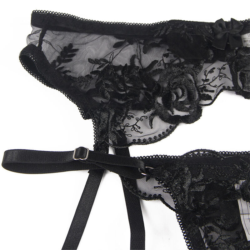 SUBBLIME - CONJUNTO DE 3 PIEZAS SUJETADOR + TANGA + LIGUERO ESTAMPADO FLORAL NEGRO L/XL
