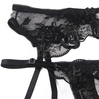 SUBBLIME - CONJUNTO DE 3 PIEZAS SUJETADOR + TANGA + LIGUERO ESTAMPADO FLORAL NEGRO L/XL