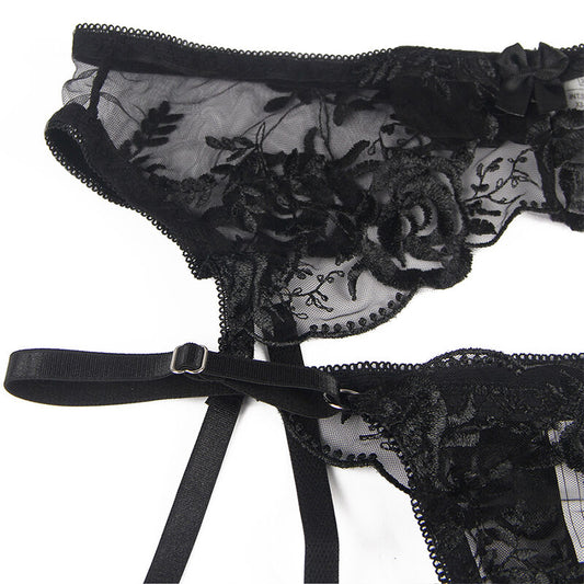 SUBBLIME - CONJUNTO DE 3 PIEZAS SUJETADOR + TANGA + LIGUERO ESTAMPADO FLORAL NEGRO L/XL