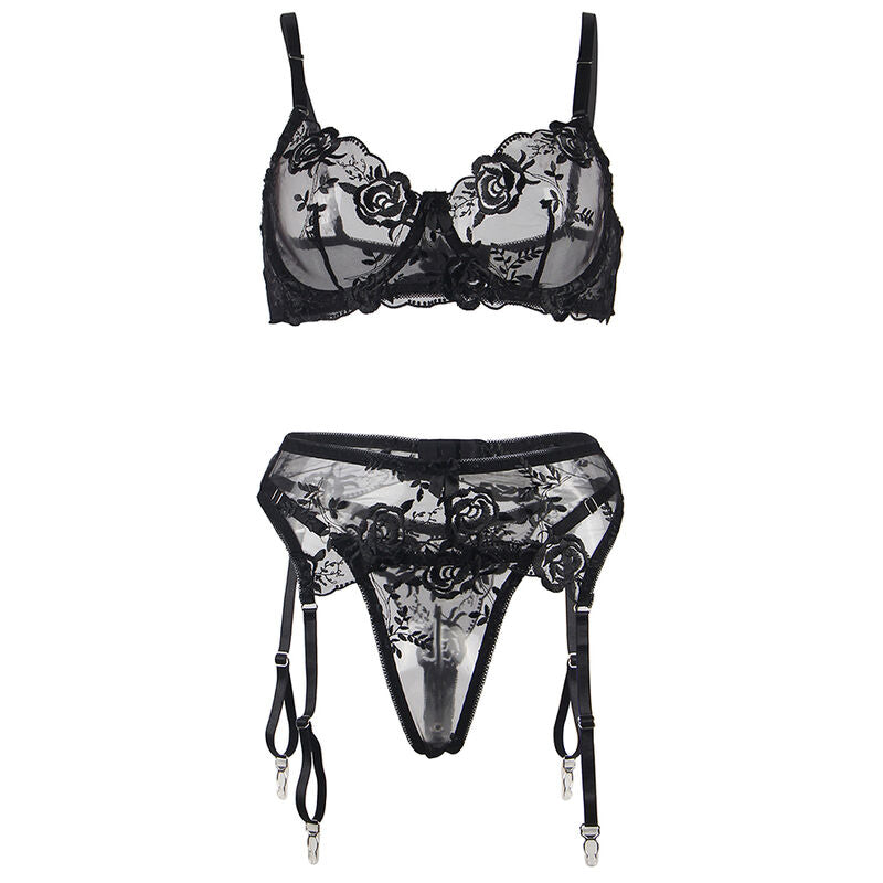 SUBBLIME - CONJUNTO DE 3 PIEZAS SUJETADOR + TANGA + LIGUERO ESTAMPADO FLORAL NEGRO L/XL