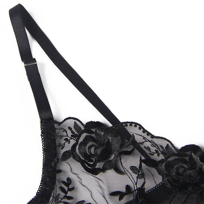 SUBBLIME - CONJUNTO DE 3 PIEZAS SUJETADOR + TANGA + LIGUERO ESTAMPADO FLORAL NEGRO L/XL