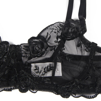 SUBBLIME - CONJUNTO DE 3 PIEZAS SUJETADOR + TANGA + LIGUERO ESTAMPADO FLORAL NEGRO L/XL