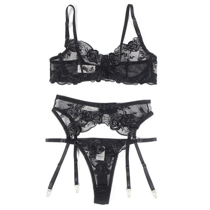SUBBLIME - CONJUNTO DE 3 PIEZAS SUJETADOR + TANGA + LIGUERO ESTAMPADO FLORAL NEGRO L/XL