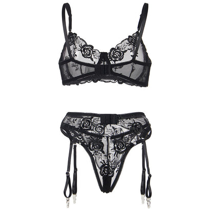 SUBBLIME - CONJUNTO DE 3 PIEZAS SUJETADOR + TANGA + LIGUERO ESTAMPADO FLORAL NEGRO L/XL