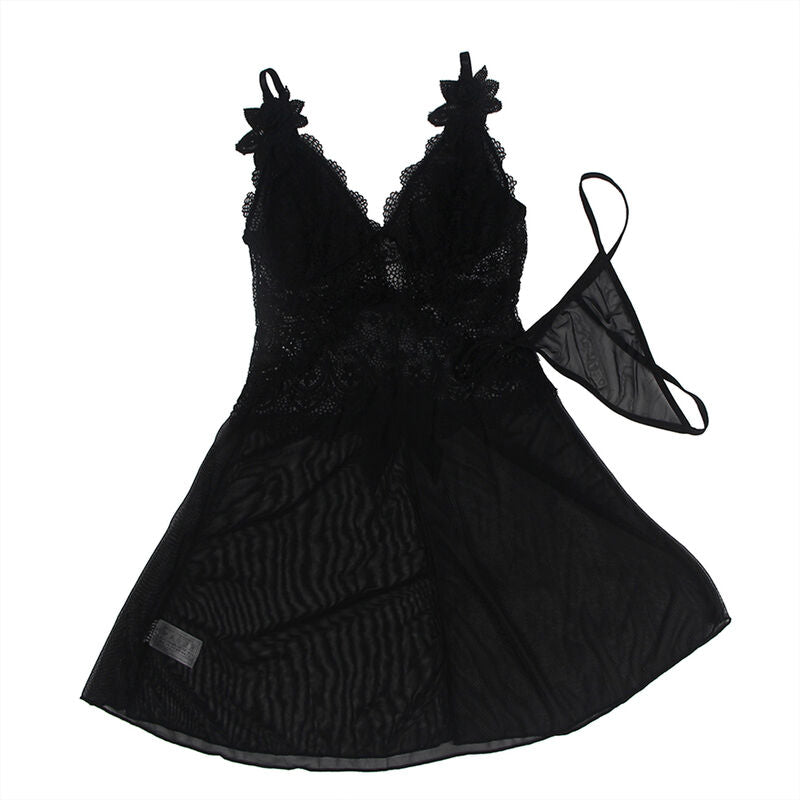 SUBBLIME - BABYDOLL DE TUL CON ENCAJE Y DETALLE DE FLORES NEGRO L/XL