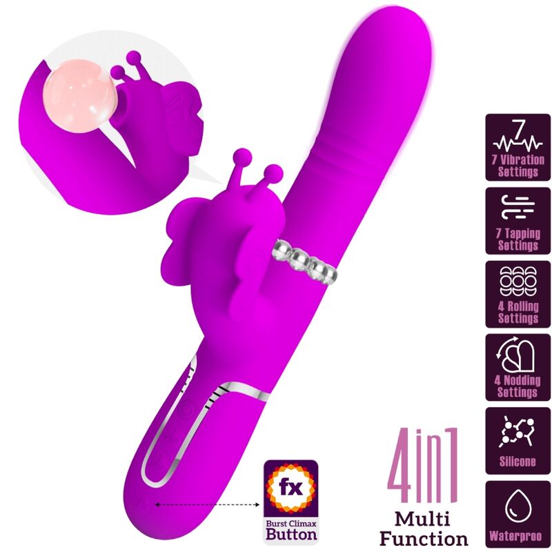 PRETTY LOVE - VIBRADOR CONEJO MULTIFUNCIONAL 4 EN 1 MARIPOSA FUCSIA