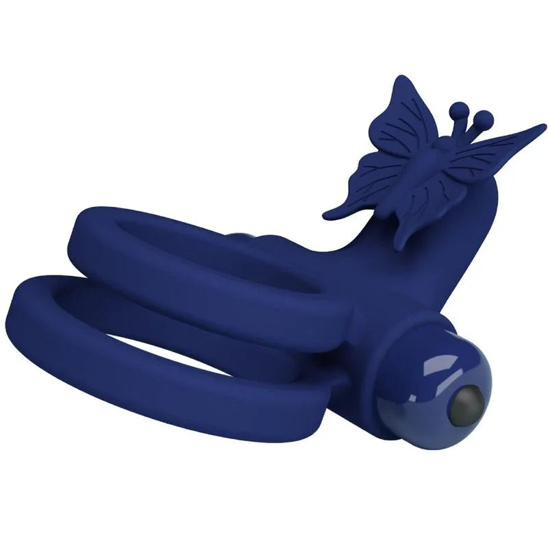 Pretty Love – Jamele Double Anneau avec Vibration & Stimulateur de Papillon Bleu