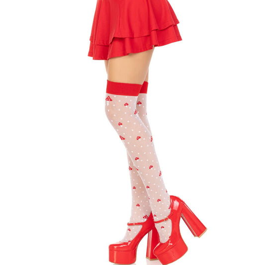 LEG AVENUE - CALCETINES HASTA LA RODILLA CON ESTAMPADO DE HONGO ROJO/BLANCO