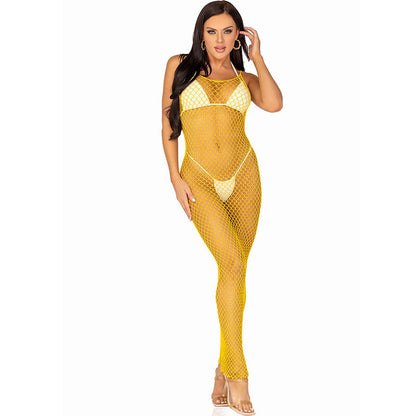 LEG AVENUE - VESTIDO LARGO DE MALLA AMARILLA TALLA ÚNICA