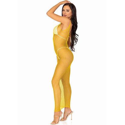 LEG AVENUE - VESTIDO LARGO DE MALLA AMARILLA TALLA ÚNICA