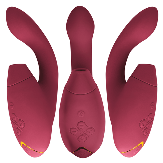 Trois vues du même Womanizer Duo 2 bordeaux, embout et commandes visibles