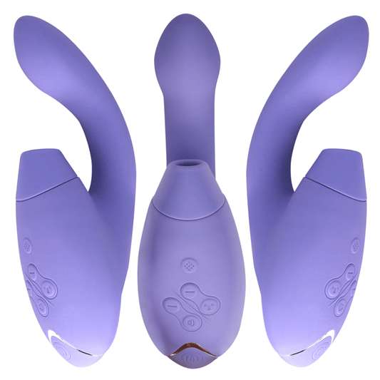 Trois vues du même Womanizer Duo 2 lilas, embout et commandes visibles