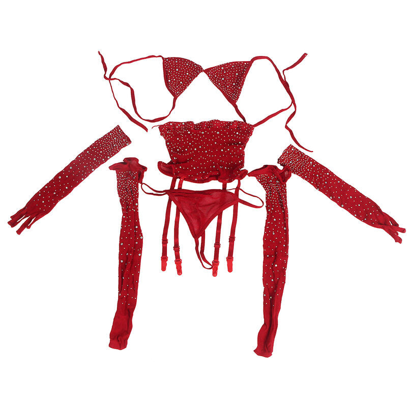 SUBBLIME - 952181 BODYSTOCK DE RED CON GUANTES Y DIAMANTES ROJOS TALLA ÚNICA