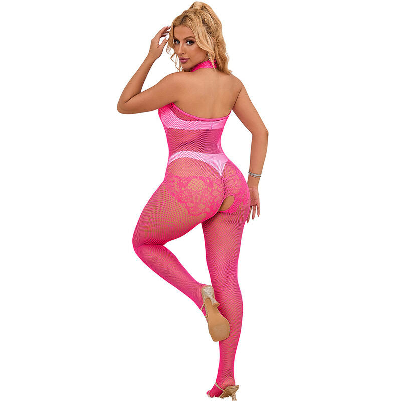 SUBBLIME - 952389 BODYSTOCKING DE MALLA Y ENCAJE SIN PELO CON CUELLO ALTO ROSA TALLA ÚNICA