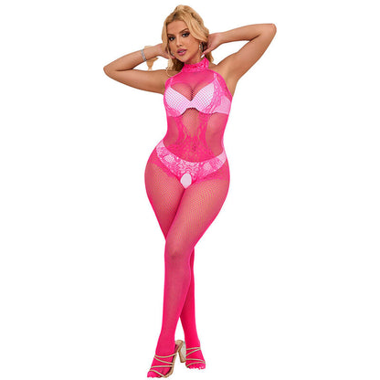 SUBBLIME - 952389 BODYSTOCKING DE MALLA Y ENCAJE SIN PELO CON CUELLO ALTO ROSA TALLA ÚNICA