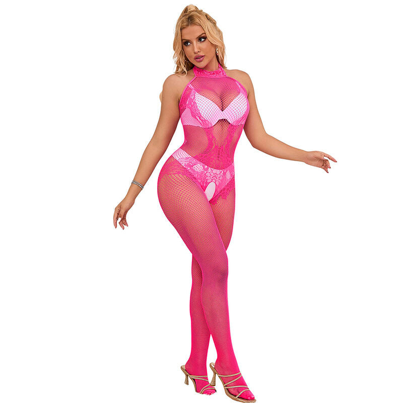 SUBBLIME - 952389 BODYSTOCKING DE MALLA Y ENCAJE SIN PELO CON CUELLO ALTO ROSA TALLA ÚNICA