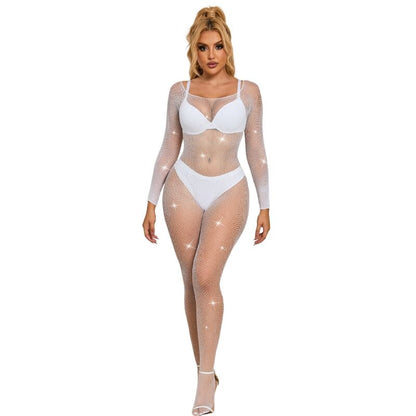 SUBBLIME - 952396 Bodystocking de rejilla con diamantes, mangas largas, blanco, talla única