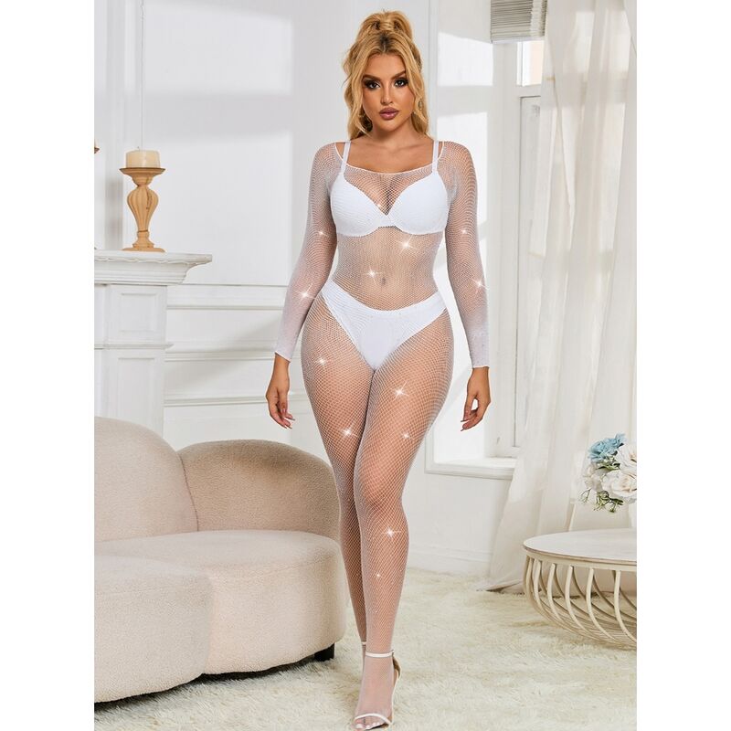 SUBBLIME - 952396 Bodystocking de rejilla con diamantes, mangas largas, blanco, talla única