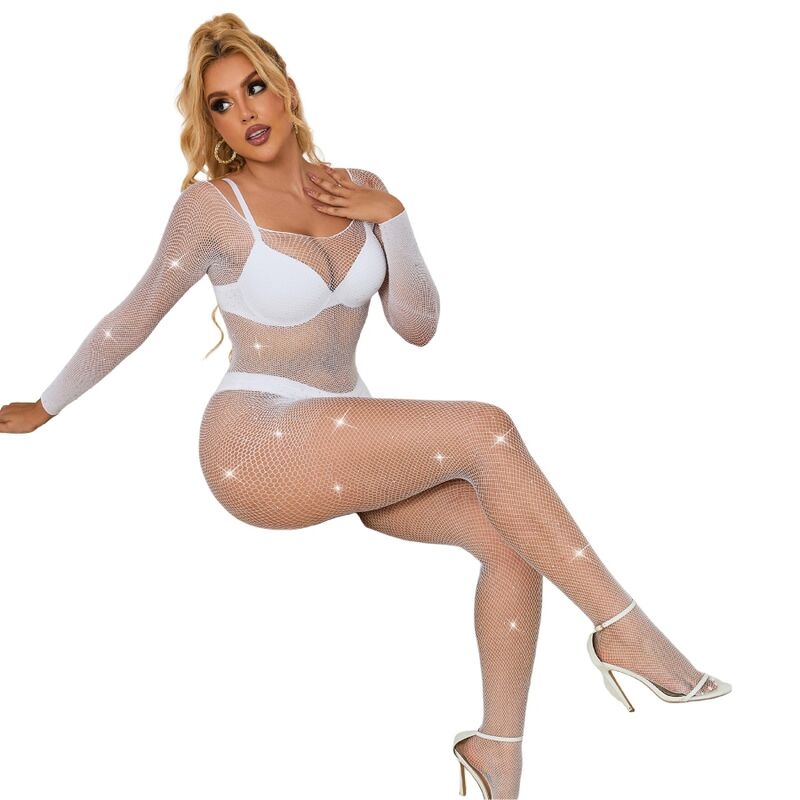 SUBBLIME - 952396 Bodystocking de rejilla con diamantes, mangas largas, blanco, talla única