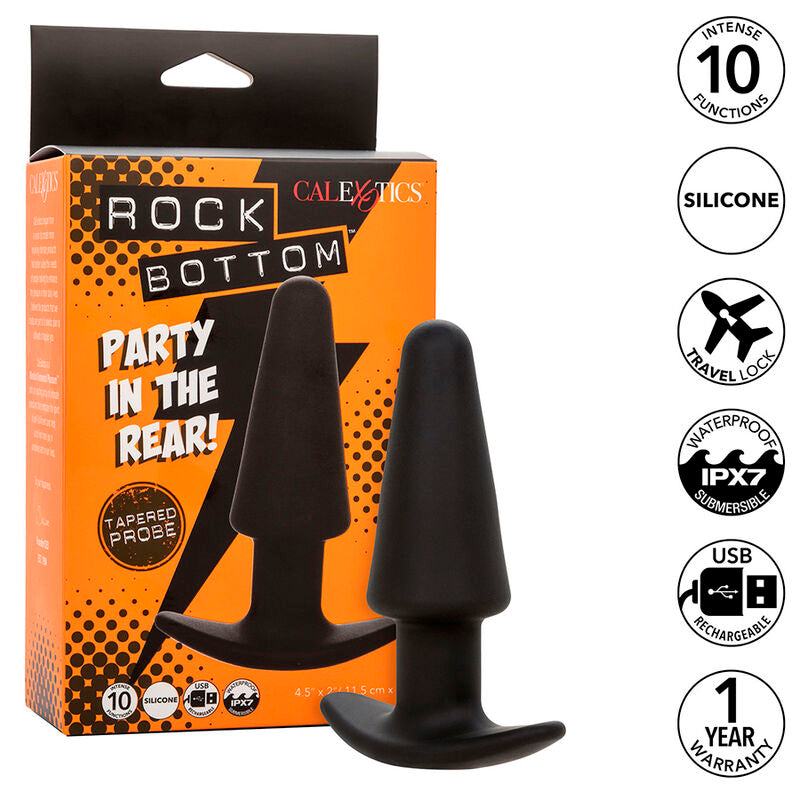 CALEXOTICS - PLUG ANAL CÓNICO CON FONDO DE ROCA, 10 VIBRACIONES, SILICONA NEGRA