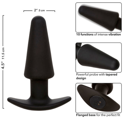 CALEXOTICS - PLUG ANAL CÓNICO CON FONDO DE ROCA, 10 VIBRACIONES, SILICONA NEGRA