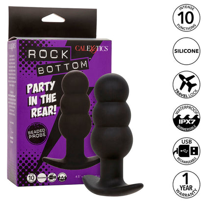 CALEXOTICS - PLUG ANAL CON CUENTAS, FONDO DE ROCA, 10 VIBRACIONES, SILICONA NEGRA