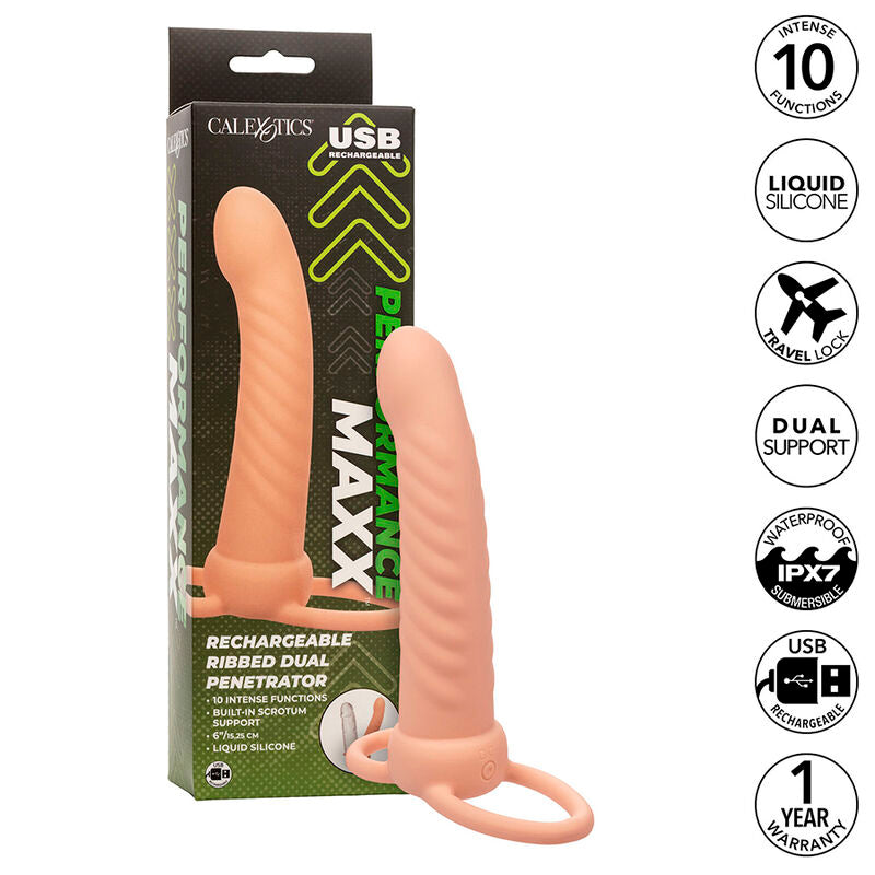 CALEXOTICS - MAXX DOUBLE RIBBED PENETRATOR 10 VIBRATIONS FLESH