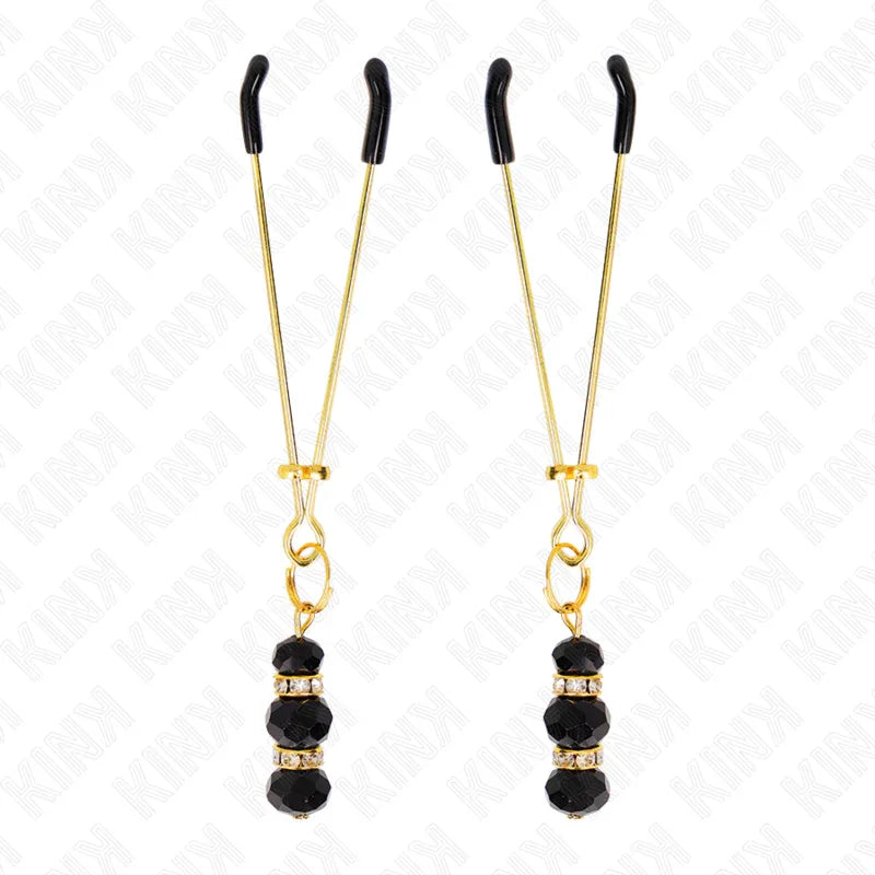 Kink – Pinces à Teton Fines Or avec 3 Billes de Verre Noir 7 cm