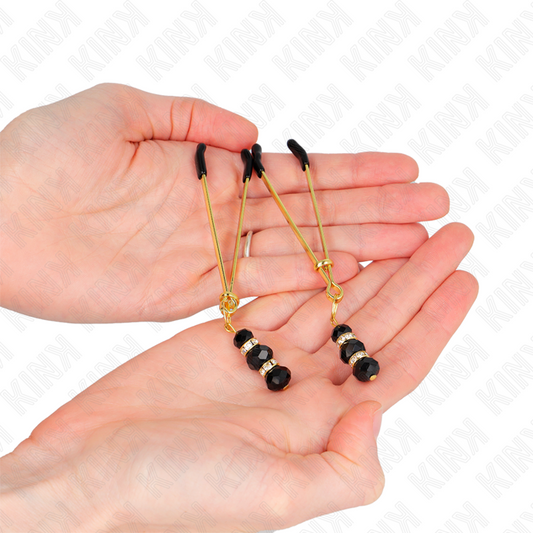 KINK - PINZAS PARA PEZONES FINAS DORADAS CON 3 BOLAS DE CRISTAL NEGRO DE 7 CM