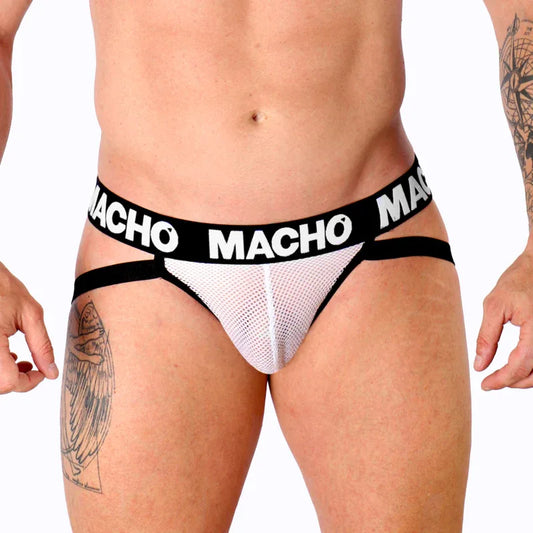 Jockstrap Macho MX26X1 blanc à ceinture noire, porté de face