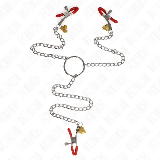 KINK - PINZAS PARA CLÍTORIS DE TRIPLE CAMPANA ROJAS CON CADENA DE 30 CM
