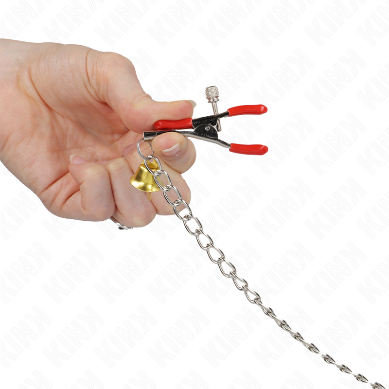 KINK - PINZAS PARA CLÍTORIS DE TRIPLE CAMPANA ROJAS CON CADENA DE 30 CM