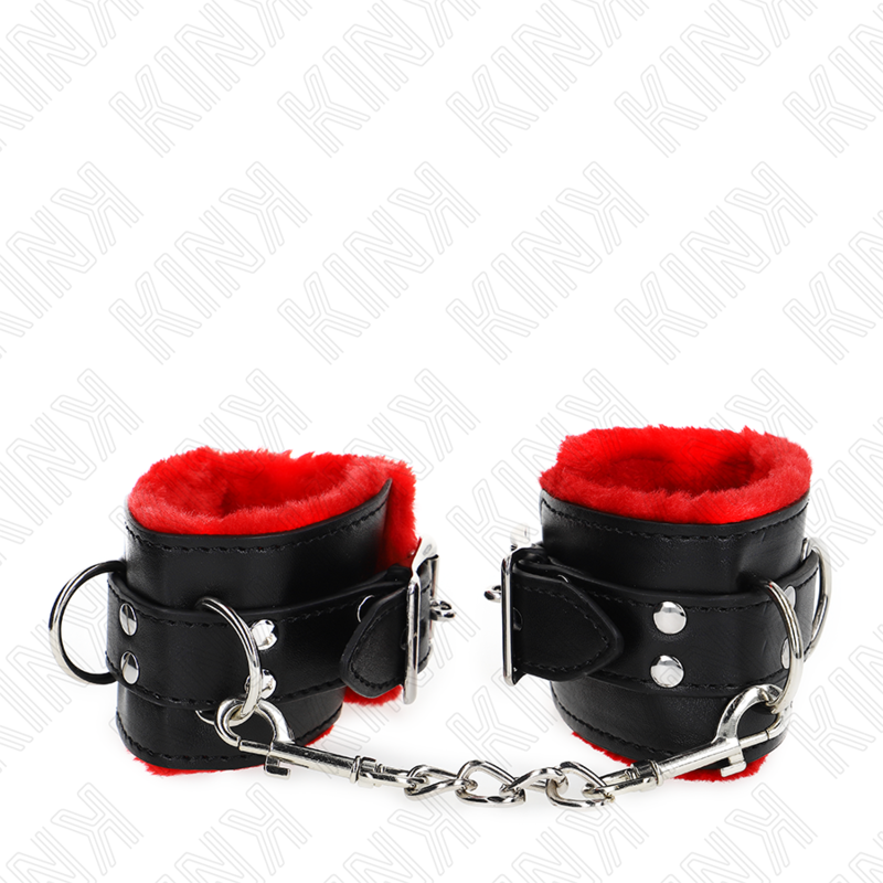 KINK - SUJECIONES DE MUÑECA CON FORRO DE PIEL Y AGUJEROS CUADRADOS CINTURÓN AJUSTABLE ROJO Y NEGRO 17-29 CM X 6 CM
