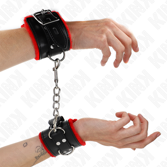 KINK - SUJECIONES DE MUÑECA CON FORRO DE PIEL Y AGUJEROS CUADRADOS CINTURÓN AJUSTABLE ROJO Y NEGRO 17-29 CM X 6 CM