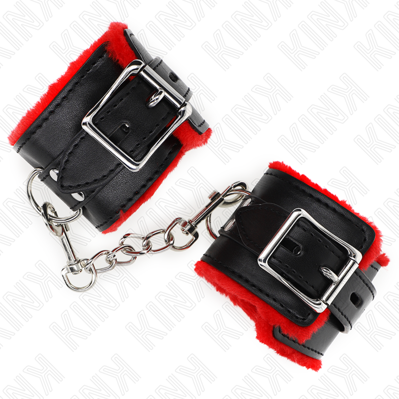 KINK - SUJECIONES DE MUÑECA CON FORRO DE PIEL Y AGUJEROS CUADRADOS CINTURÓN AJUSTABLE ROJO Y NEGRO 17-29 CM X 6 CM
