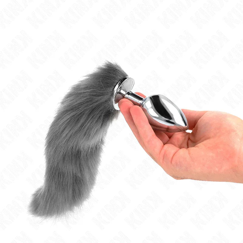 Kink – Plug Anal taille l 10 X 4 cm avec Queue Synthétique 40 cm Gris et Blanc