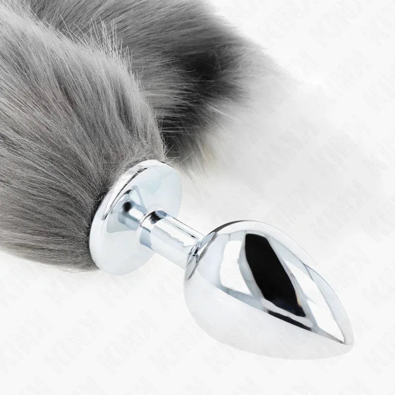 Kink – Plug Anal taille l 10 X 4 cm avec Queue Synthétique 40 cm Gris et Blanc