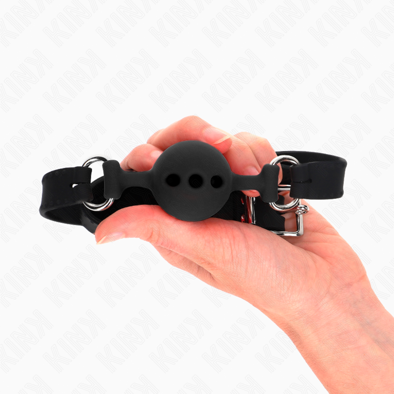 KINK - MORDAZA DE SILICONA COMPLETA 55 x 2 CM CON BOLA DE 4 CM TALLA S NEGRO AJUSTABLE 35-51 CM