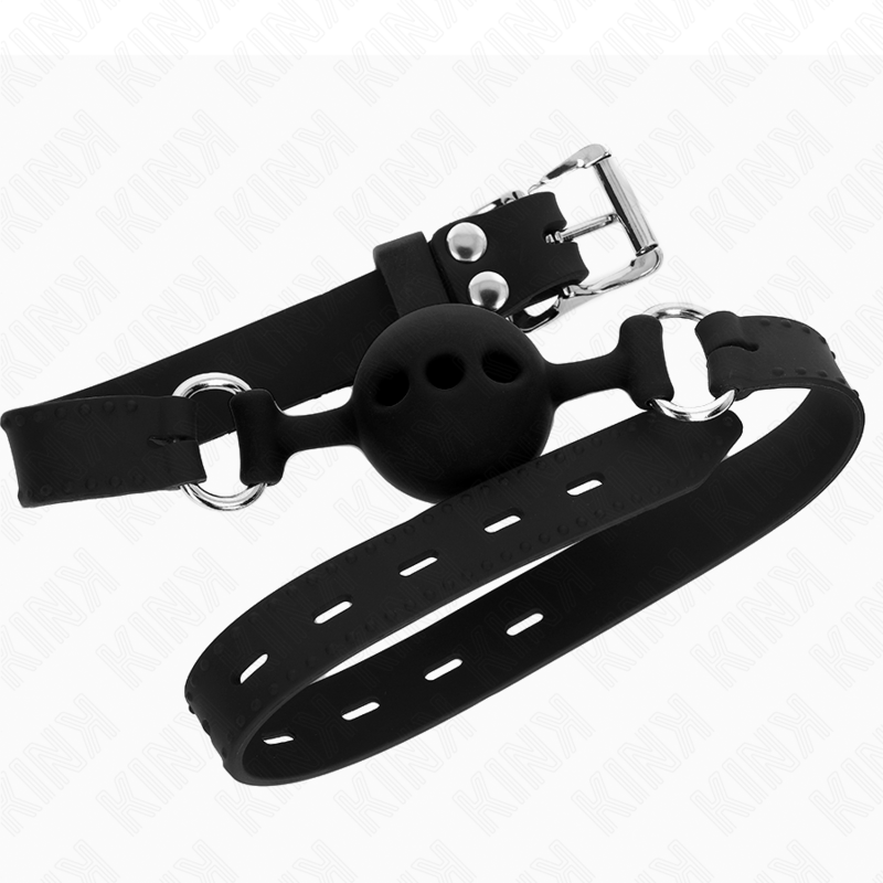 KINK - MORDAZA DE SILICONA COMPLETA 55 x 2 CM CON BOLA DE 4 CM TALLA S NEGRO AJUSTABLE 35-51 CM