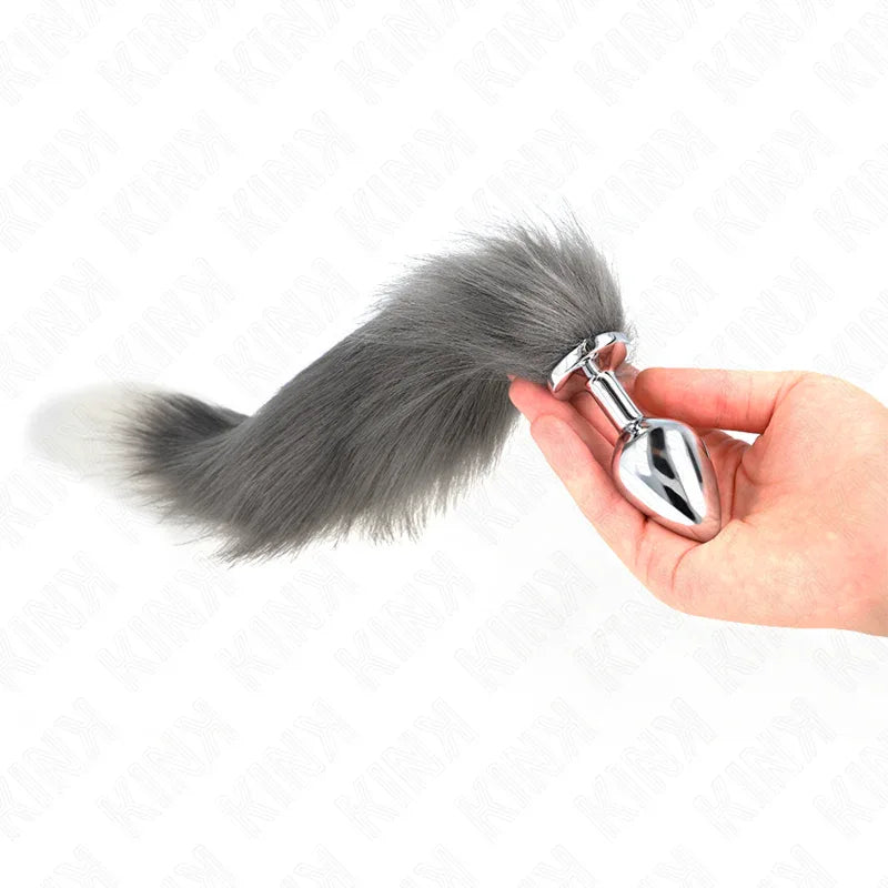 Kink – Plug Anal taille M 8 X 3,5 cm avec Queue Synthétique 40 cm Gris et Blanc
