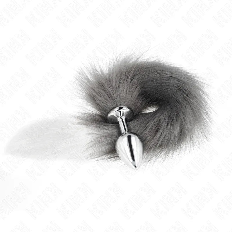 Kink – Plug Anal taille M 8 X 3,5 cm avec Queue Synthétique 40 cm Gris et Blanc