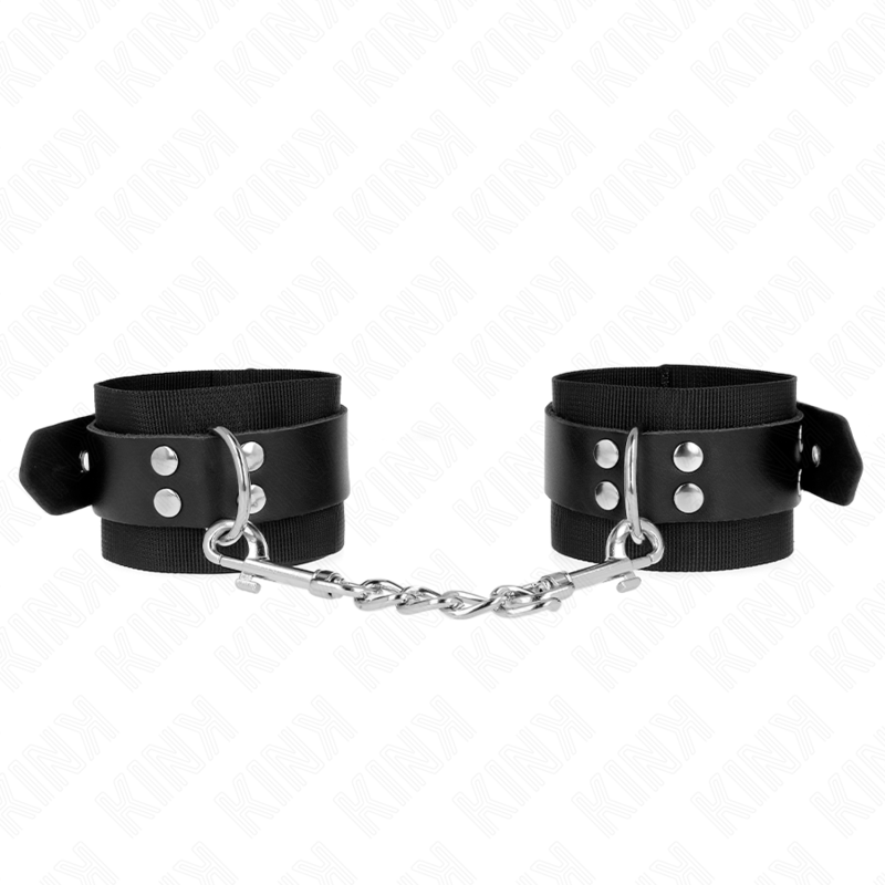 KINK - SUJECIONES DE MUÑECA DE NYLON NEGRO CON CINTURÓN DE CUERO NEGRO AJUSTABLE 19-29 CM X 5,1 CM