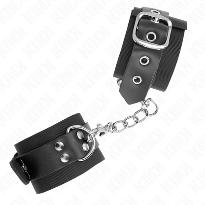 KINK - SUJECIONES DE MUÑECA DE NYLON NEGRO CON CINTURÓN DE CUERO NEGRO AJUSTABLE 19-29 CM X 5,1 CM