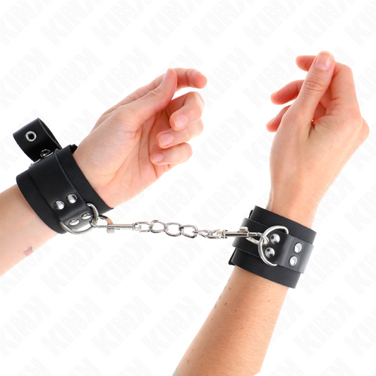 KINK - SUJECIONES DE MUÑECA DE NYLON NEGRO CON CINTURÓN DE CUERO NEGRO AJUSTABLE 19-29 CM X 5,1 CM