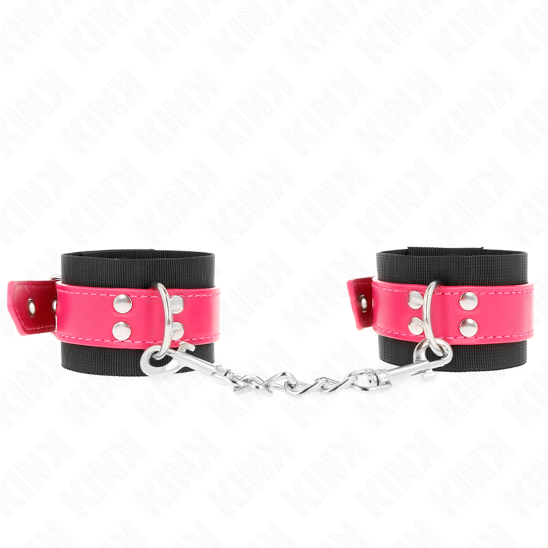 KINK - SUJECIONES DE MUÑECA DE NYLON NEGRO CON CINTURÓN AJUSTABLE DE CUERO SINTÉTICO ROSA FRAMBUESA 19-29 CM X 5,1 CM