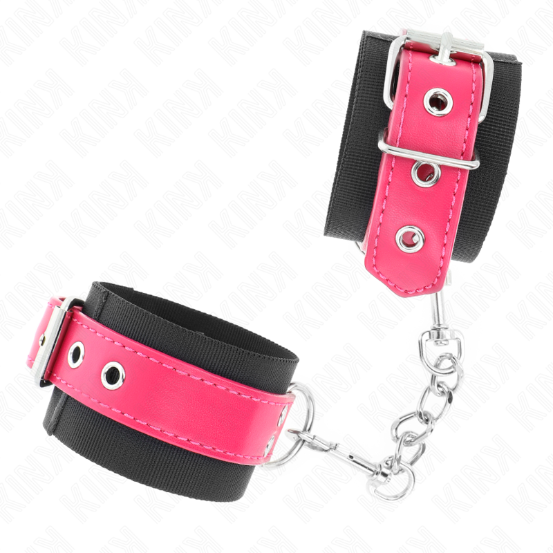 KINK - SUJECIONES DE MUÑECA DE NYLON NEGRO CON CINTURÓN AJUSTABLE DE CUERO SINTÉTICO ROSA FRAMBUESA 19-29 CM X 5,1 CM