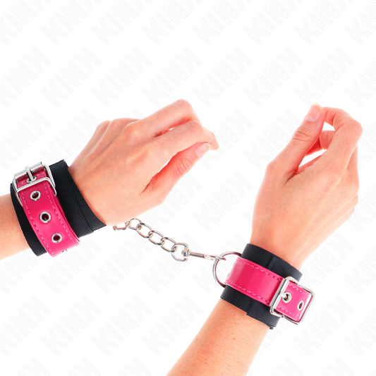KINK - SUJECIONES DE MUÑECA DE NYLON NEGRO CON CINTURÓN AJUSTABLE DE CUERO SINTÉTICO ROSA FRAMBUESA 19-29 CM X 5,1 CM