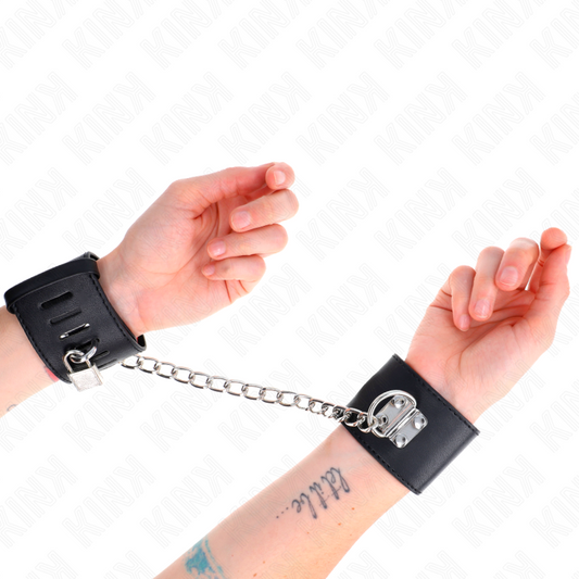 KINK - SUJECIONES DE MUÑECA FIJAS CON CADENA DE 30 CM Y CIERRE DE CANDADO NEGRO AJUSTABLE 16-23 CM X 5,5 CM