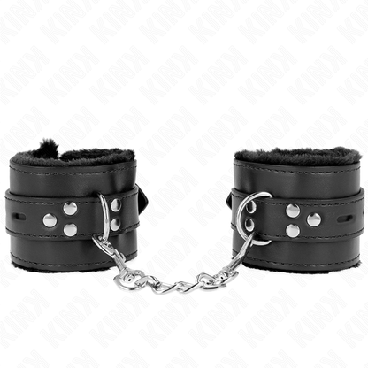 KINK - SUJECIONES DE MUÑECA CON FORRO DE PIEL, AGUJEROS CUADRADOS NEGROS Y CINTURÓN NEGRO AJUSTABLE 17-29 CM X 6 CM
