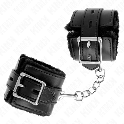 KINK - SUJECIONES DE MUÑECA CON FORRO DE PIEL, AGUJEROS CUADRADOS NEGROS Y CINTURÓN NEGRO AJUSTABLE 17-29 CM X 6 CM